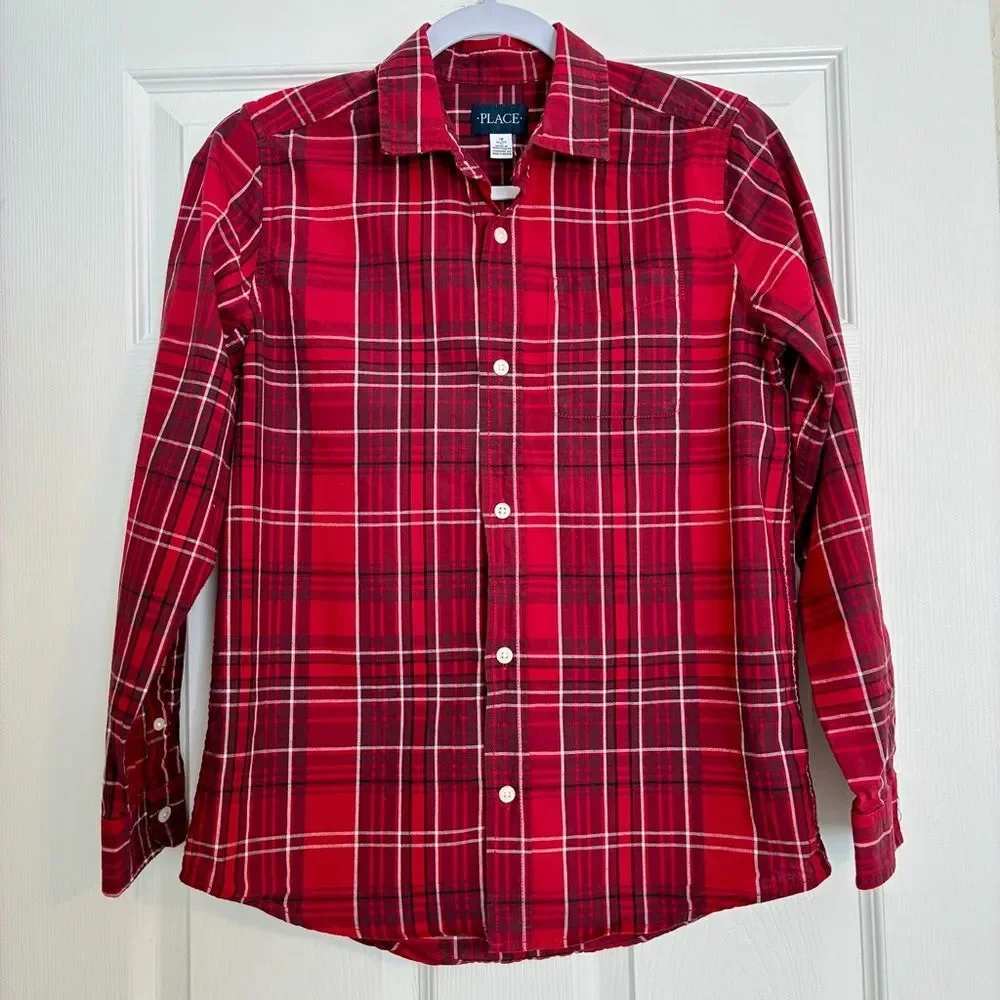 The Children’s Place Boys Red Plaid Buttoned Boy’s Shirt Size 14 XL Long Sleeve